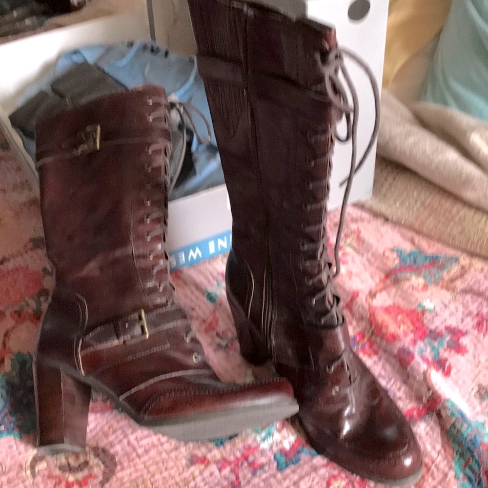 High calf, chocolate brown, heeled boot.  Like new